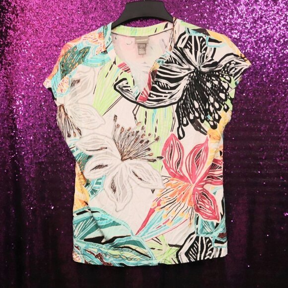 LAST CHANCE - BRIGHT SUMMER TOP 0/4 Chico's Floral Tropical Hawaiian Vacation - Picture 1 of 8